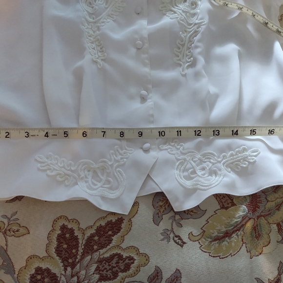 Kathy Che Peblum Styled Sheer Braiding Embellished Long Sleeve White Blouse - Picture 5 of 6